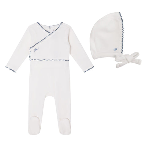 Mini Label Classic Velour Footie + Bonnet - White