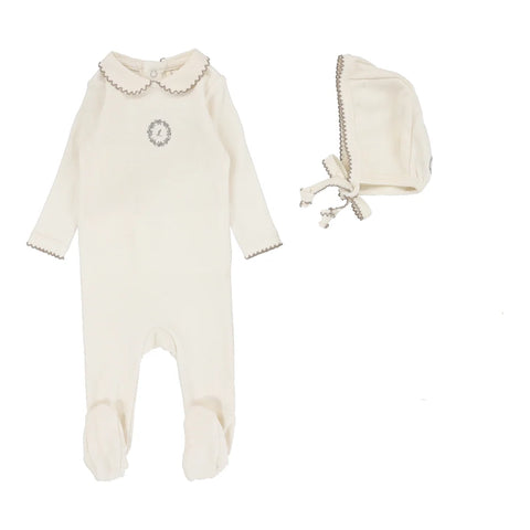 Lilette Emblem Embroidered Footie+Hat Set - Cream Oat